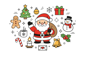 Fototapeta premium Santa Claus and holiday icons. Friendly Santa character surrounded by classic winter holiday symbols, warm and joyful mood. Clean icon-style scene expressing