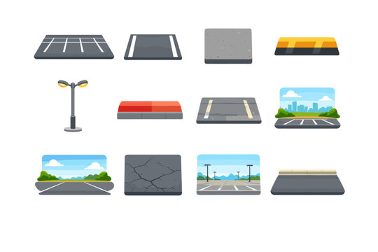 EmptyParkingLot. Colorful flat vector icons set of EmptyParkingLot: wide asphalt space, parking lines, empty parking spot, concrete ground texture, wheel stop