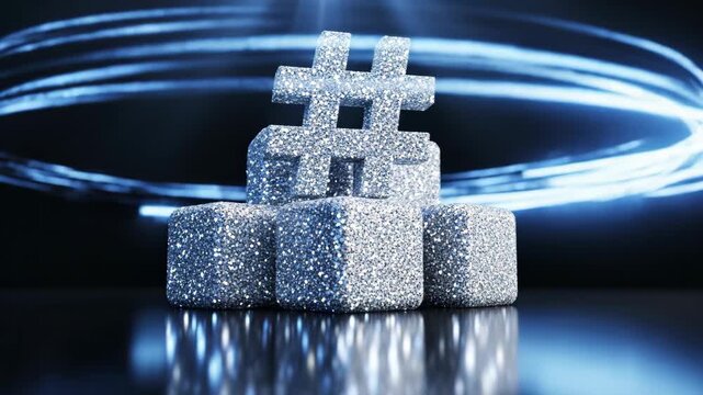 Glittering hashtag symbol stacked on sparkling cubes with dynamic blue light streaks background
