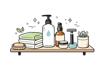 Reusable product lifestyle scenes. Bathroom shelf with reusable items like safety razor, refillable bottles, and cloth towels, arranged cleanly.