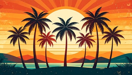 Fototapeta premium Vibrant tropical sunset with palm trees over serene ocean