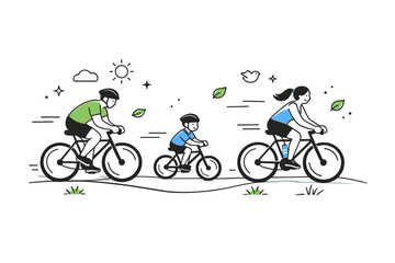 Obraz premium Cycling outdoors. People riding bicycles along a path, subtle motion lines and leaf icons floating, energetic and healthy atmosphere. Minimalist flat vector