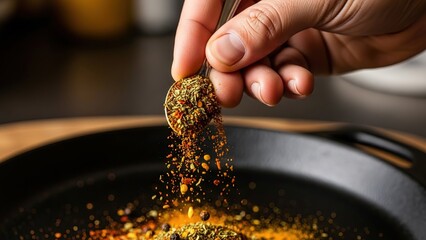 Hand sprinkling black sesame seeds into sizzling stir fry pan in kitchen cooking process