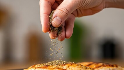 Hand sprinkling black pepper on pizza close-up fresh seasoning cooking food preparation