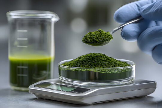 Spirulina powder measurement in laboratory, green microalgae extract in petri dish and glassware, scientist analyzing superfood supplement, plant-based protein nutrition research concept.