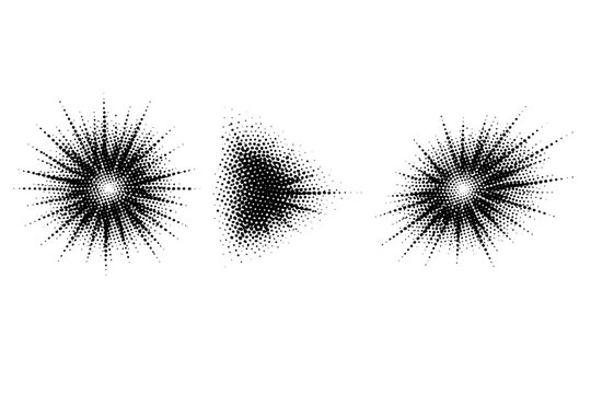 Radial dot explosion mark. A radial dot explosion mark is presented in three views: straight-on view, rotated side view, and three-quarter angled view,