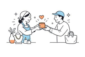 Craft market interaction. A maker handing a handmade item to a customer, friendly exchange and human connection. Small decorative shapes highlight warmth and