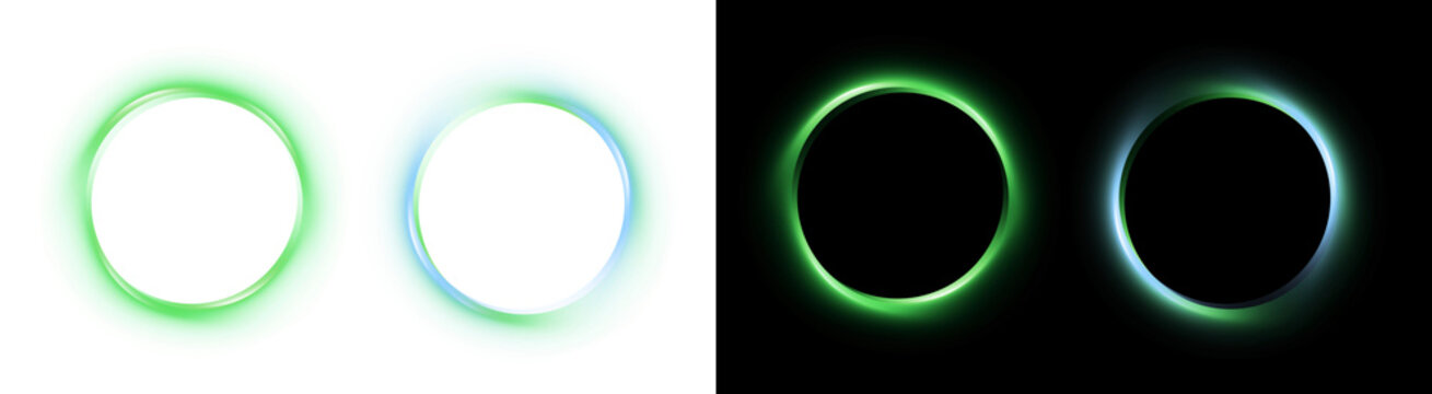 PNG image of&nbsp;A vibrant collection of glowing and metallic abstract circular rings and luminous green and blue futuristic portal elements on transparent background. on transparent background