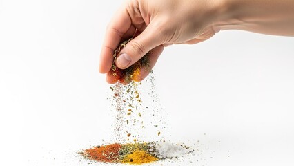 Hand sprinkling turmeric powder spice on white background minimalist cooking concept