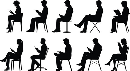 Silhouette people sitting on chairs, using smartphones, reading books, modern lifestyle, digital technology, sedentary behavior, communication, connectivity, diversity © It's Sumi Here