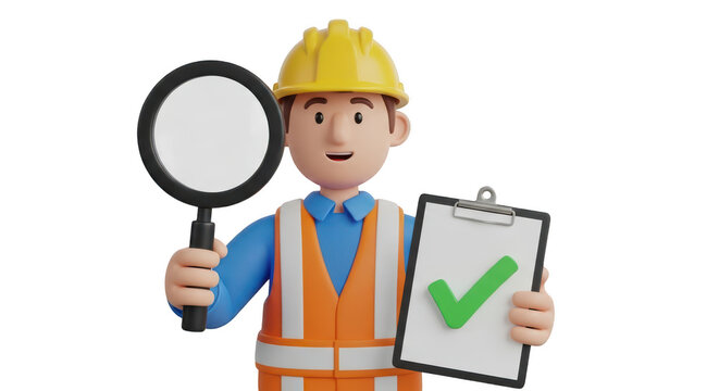 Construction worker holding magnifying glass and checklist approved isolated on transparent background