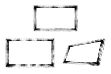 Halftone dotted minimal frame A single minimal dotted frame object shown in three views including centered view, expanded view, and three-quarter angled view.