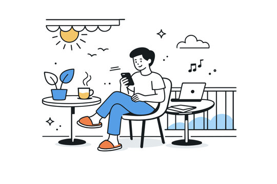 Summer breaks between work sprints. A shaded balcony scene where a person checks the phone briefly before returning to work. Light, mindful pause that supports