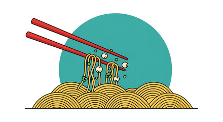 明るい背景の上の麺のスタイリッシュなイラストと赤い箸