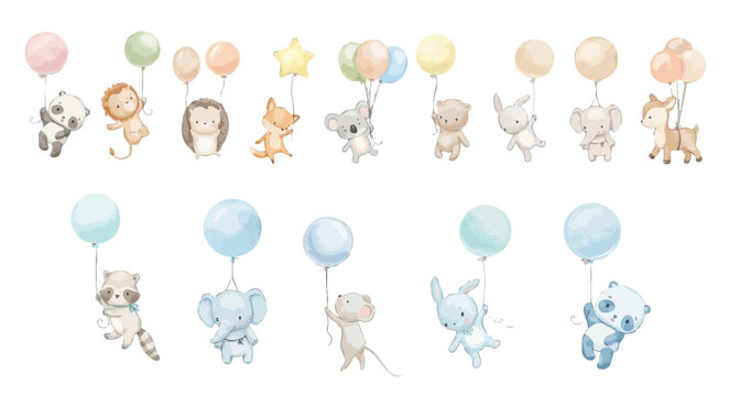 Cute watercolor flying animals holding balloons, baby shower nursery cliparts. Collection of Vector illustrations. Perfect for invitation, card, poster, banner, decoration