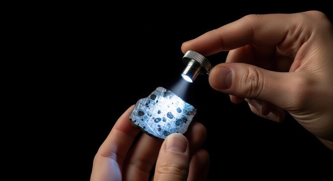 Scientist examining a meteorite with a flashlight, revealing its unique crystalline structure in a dark laboratory setting.