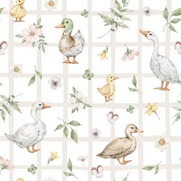 Watercolor seamless pattern with cute ducks, goose, ducklings, leaves, flowers and checkered background