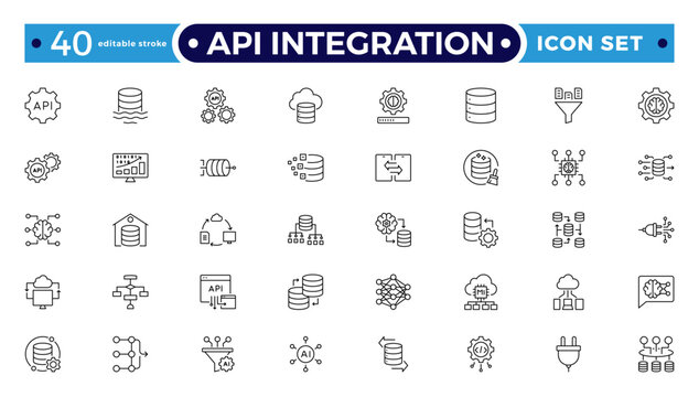 API Integration outline icons illustrating connect, network, sync, workflow, integration, transfer, hierarchy, flowchart, automation, global communication, hub nodes. Editable stroke outline icon.