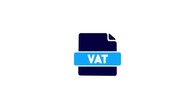 VAT tax document icon on white background with navy blue file symbol and blue label value added tax