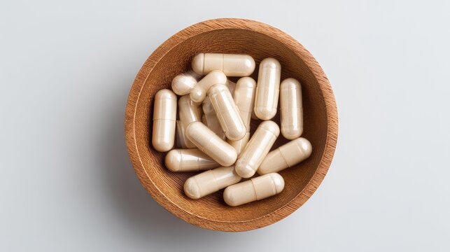 Magnesium supplement capsules arranged in a small aesthetic wooden bowl, flat lay composition, clean white minimal background, modern healthcare advertisement style