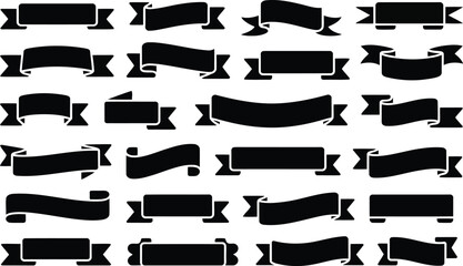 Many distinctive black ribbon banners and title frames arranged in rows on a clean white backdrop