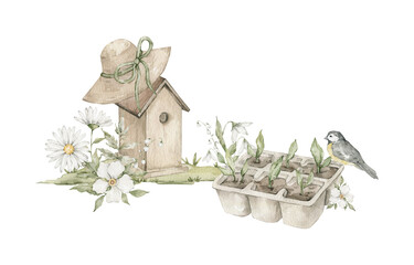 Watercolor seedling, tit bird, birdhouse, hat, flowers. Spring rural scene © Kate K.