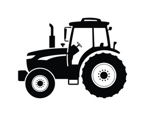 Obraz premium Black and white tractor silhouette with large tires and detailed cabin facing left agriculture