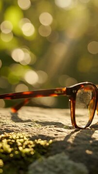 Tortoise-shell eyeglasses rest on a textured surface in warm sunlight.