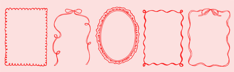 Whimsical hand-drawn borders featuring delicate ribbons and bows. Vintage doodle frames ideal for Valentine cards, wedding menus, Christmas invitations, and coquette aesthetic designs