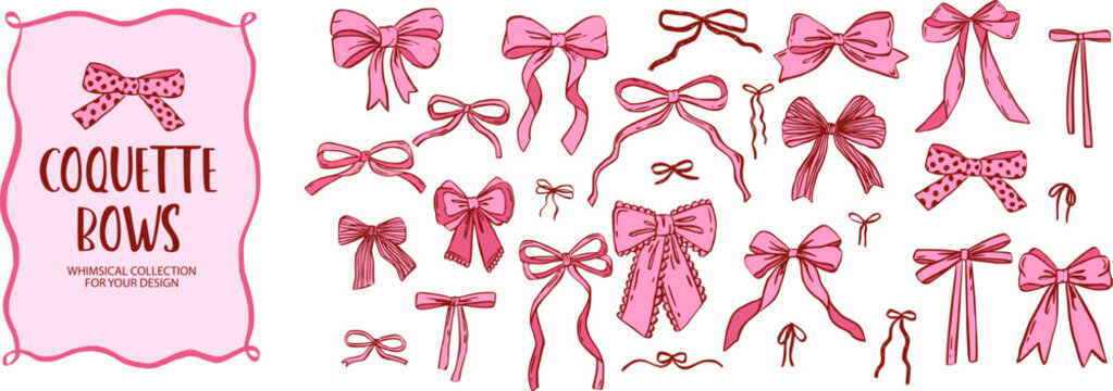 Cute pink and red ribbon bow vector set for a coquette tie. This gift illustration is drawn with a whimsical doodle style. Enhance your vintage lace design