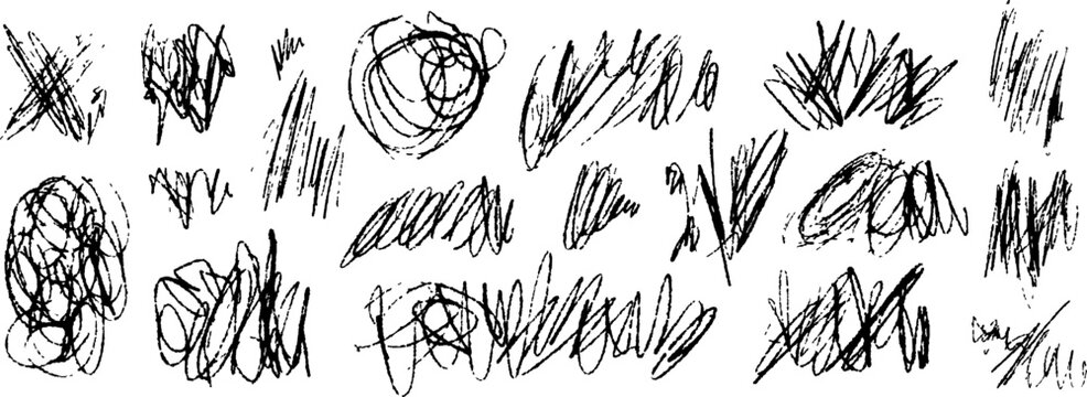 Random pencil scratches and pen marks form messy doodle patterns with squiggles, hearts, and stars in authentic hand-drawn illustration collection.