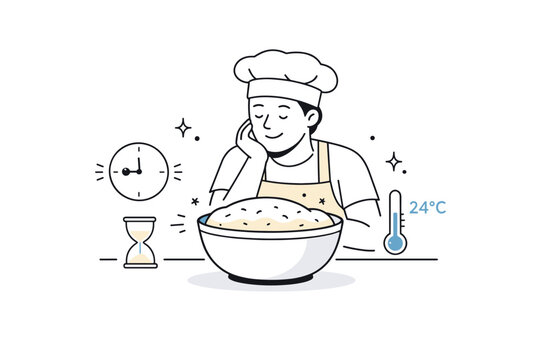 Artisan bread fermentation process. A baker calmly observing dough rising in a bowl, with subtle time and temperature icons nearby. The scene conveys slow