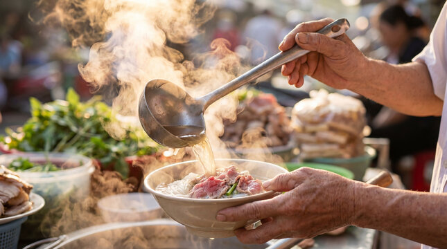 Steaming beef pho noodle soup being served at a street food market.