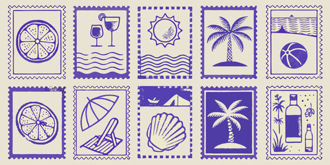 Collection of vintage style postage stamps depicting summer and tropical themes © Dipa