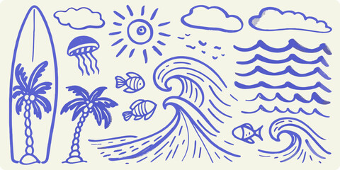 A playful doodle illustration of summer elements surf sun and sea © Dipa