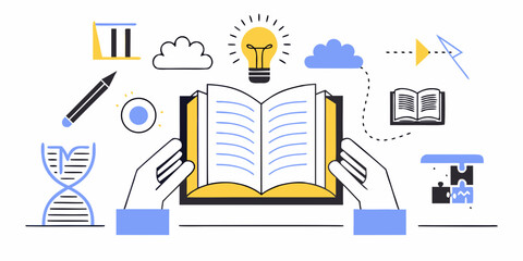 Hands holding an open book with icons representing learning and innovation