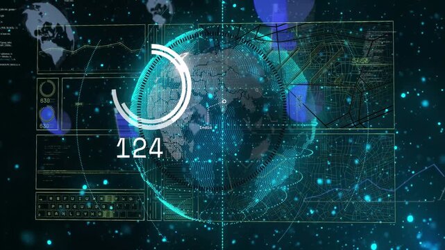 Teal globe starting data sweep, rotating, pulsing, peaking 155 then 74, forming HUD for analytics