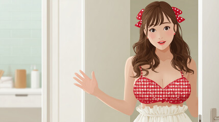 Charming Welcome in the Home: A smiling woman dressed in a checkered top and matching hair accessory, extends a welcoming hand, embodying warmth and invitation inside a modern house.