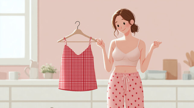 Choosing the Outfit of the Day: An illustration depicting a stylish woman in a charming room. She holds a beautiful top on a hanger and makes a decision, symbolizing the perfect start to the day.