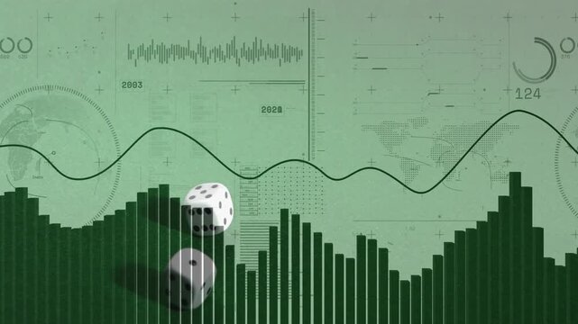Two white dice entering from left and rolling across dark-green bar graph, visualizing data risk