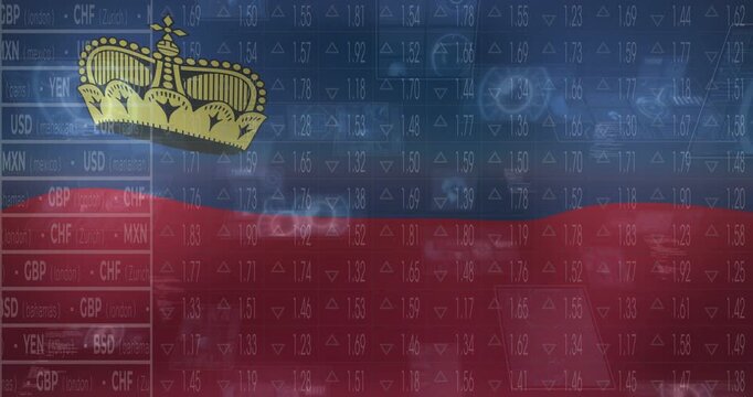 Exchange update, flag crowned upper-left waving, ticker updating, ripples drifting, showing markets