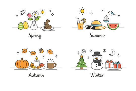 Seasonal celebration symbols. A table scene with simple decorations changing by season, shown in a minimal overview. Calm lifestyle mood with repeating
