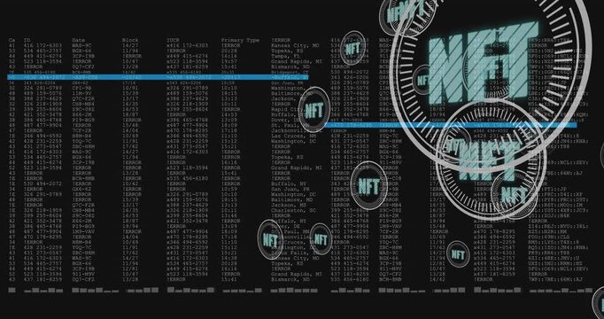 Near-black frame fading, NFT tokens drifting left while blue scan line aligning rows to map ledger