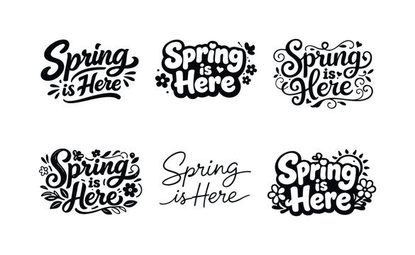 Spring is Here lettering collection with decorative elements and different styles