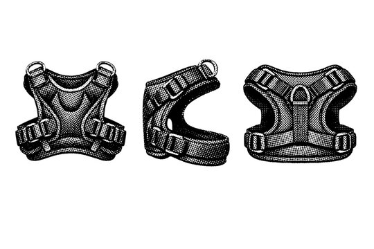 Pet harness chest plate accessory shown from front view, side view, and rear view as a single object set. Black and white dot style with halftone texture and