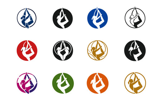 Acrobats. Icon set. Set Logo of Acrobats: aerial hoop acrobat. harmonious logo variations of the same emblematic concept, each with different