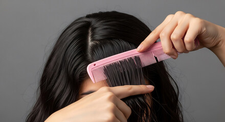 女性がピンクの櫛で髪をとかし、明るい照明の下で美しく整える