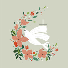 Fototapeta premium Vector drawing, Christian cross with flowers. Religious symbol, Easter holiday. Coloring book