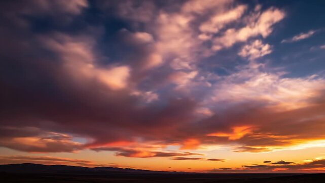 Dramatic Sunset Sky With Fiery Clouds Over Silhouetted Horizon