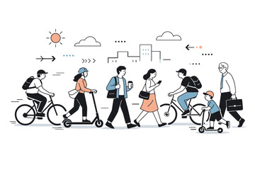 Fototapeta premium Stylized urban commute. Friendly editorial illustration showing smooth rhythm of people moving across city streets. Minimal abstract scene